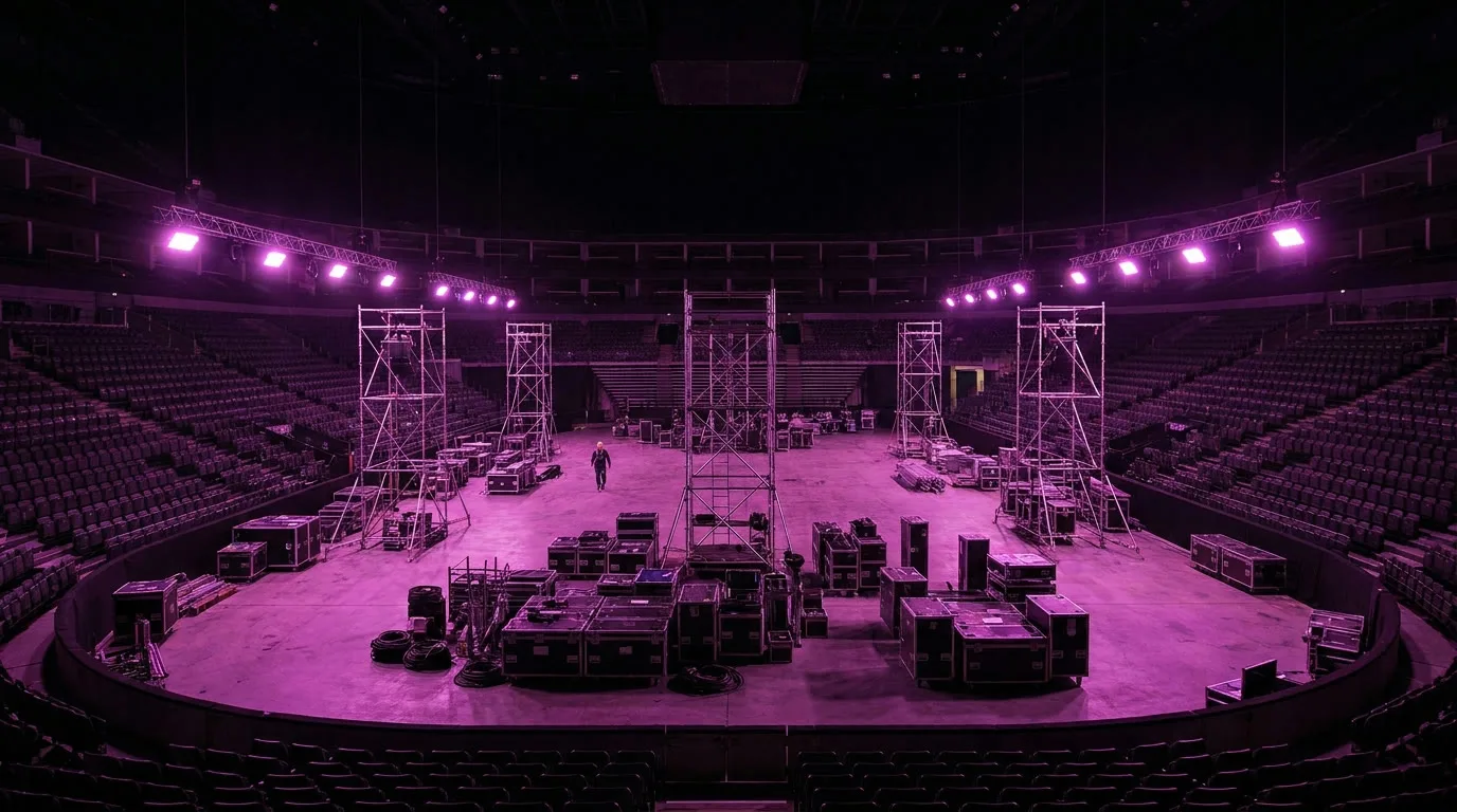 Arena vuota durante il load-in con luci di lavoro magenta