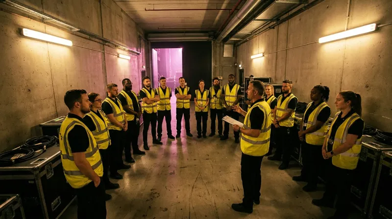 Briefing del team di sicurezza nel corridoio backstage prima dell'evento