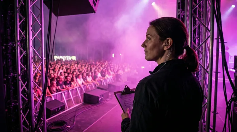 Coordinatrice a bordo palco che osserva il pubblico durante il live