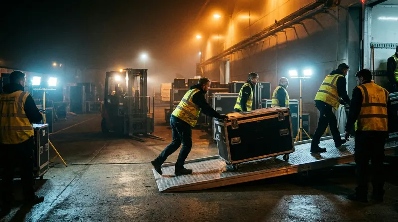 Load-in notturno con flight case e muletto alla baia di carico