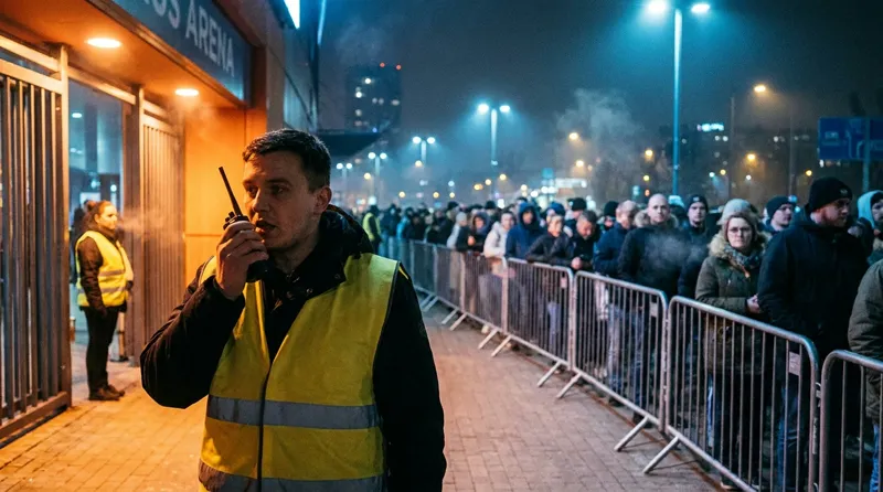 Steward alla radio davanti alla coda d'ingresso serale