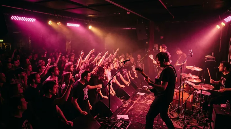 Live in un club con pubblico alla barriera sotto luci magenta