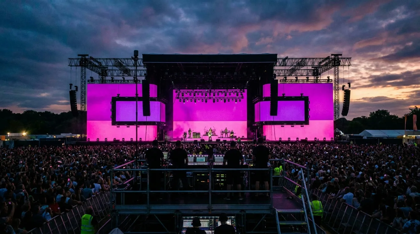 Main stage di un festival open air al tramonto con torre regia e pubblico