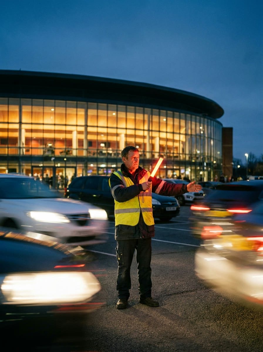 Addetto al parking dirige il traffico con una torcia luminosa di sera all'esterno della venue
