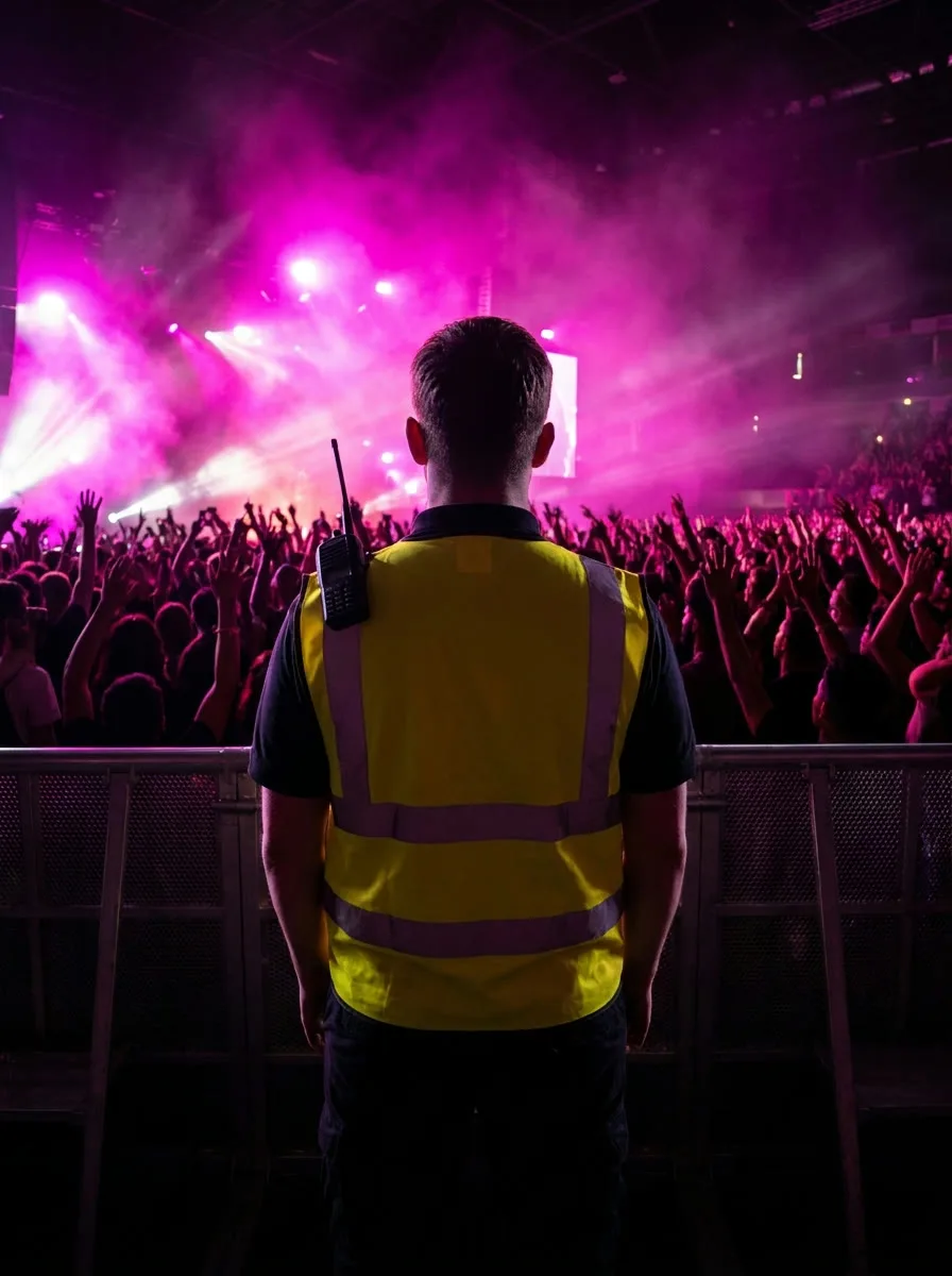 Steward di spalle in pettorina davanti al pubblico di un concerto