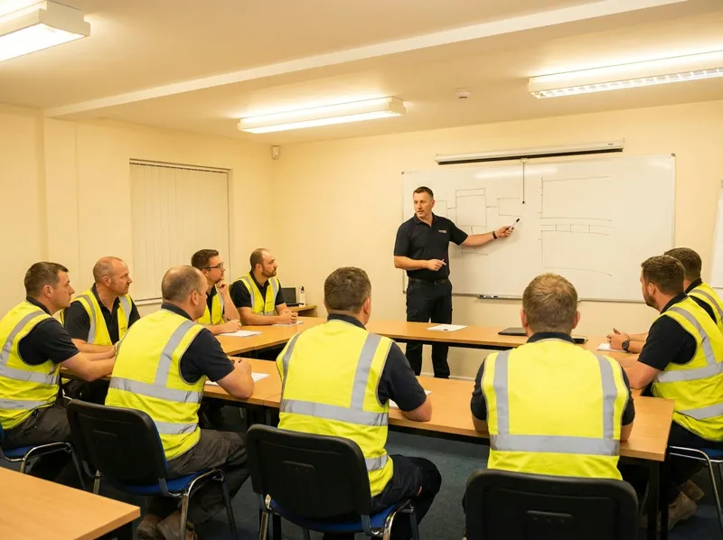 Aula di formazione YES Academy con istruttore alla lavagna e operatori in gilet