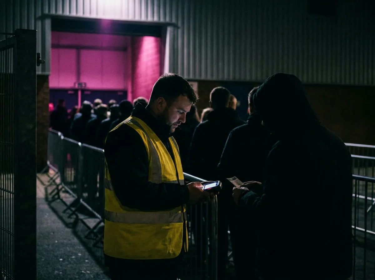 Steward con scanner al controllo accessi dell'ingresso di un'arena di sera