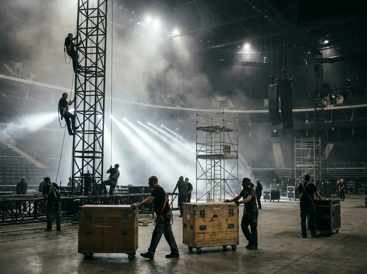 Squadra di allestimento monta la struttura del palco di un concerto in arena