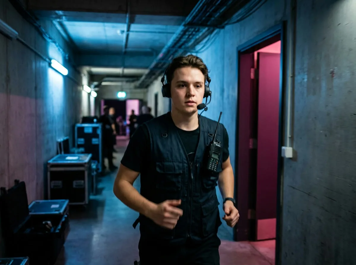 Runner di produzione con radio attraversa il corridoio del backstage